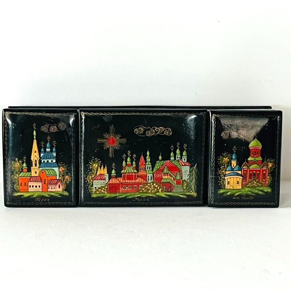 Russian Black Lacquer Box 3 compartments Artist Signed Handpainted 7.25" L